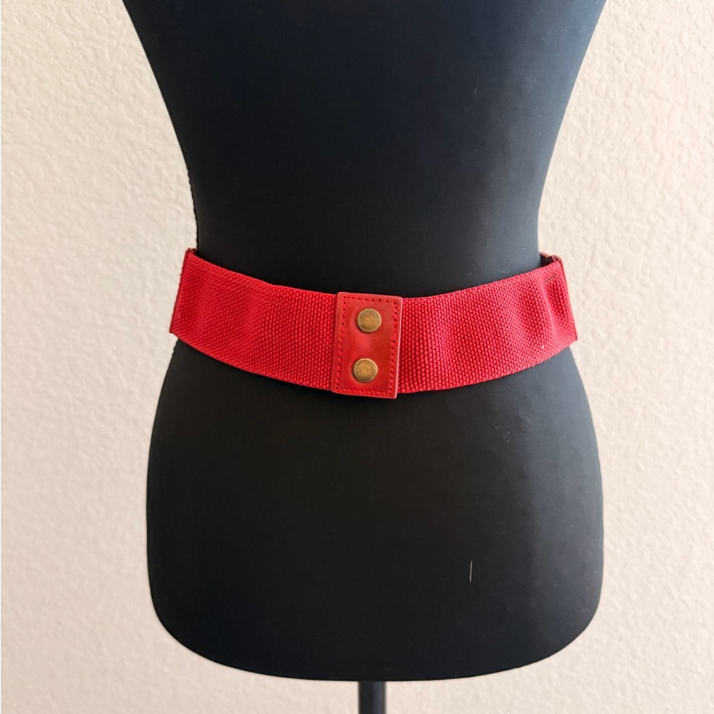 French Connection Red Leather Chinese Knot Belt | Elastic Waist Statement Belt - Picture 4 of 5